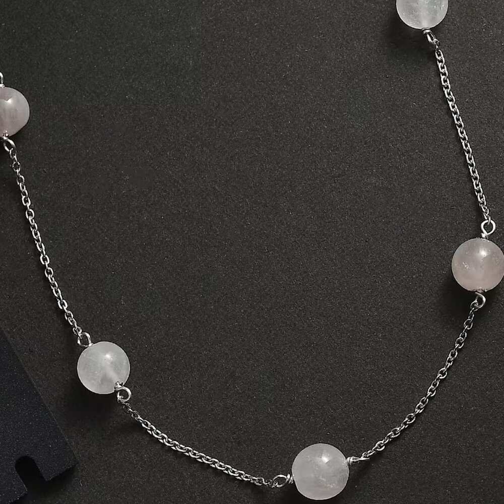 Galilea Rose Quartz Station Necklace 20 Inches in Rhodium Over Sterling Silver
